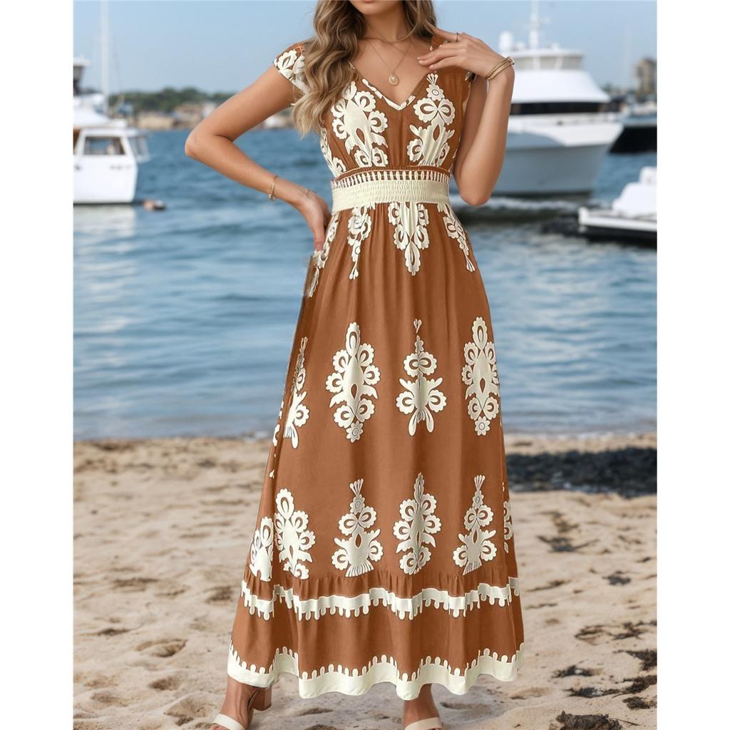 New Summer Holiday Style Printed V-neck Waist Short-sleeved Dress Holiday Long Dress