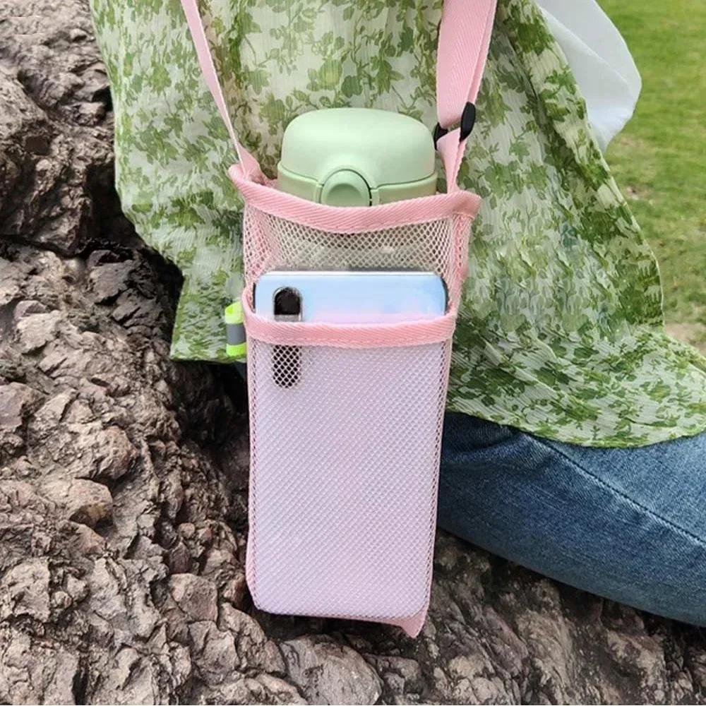 Travel Outdoor Sport Water Bottle Cover Portable Mesh Cup Pouch with Strap Mobile Phone Bag Visible Bag Camping Accessories
