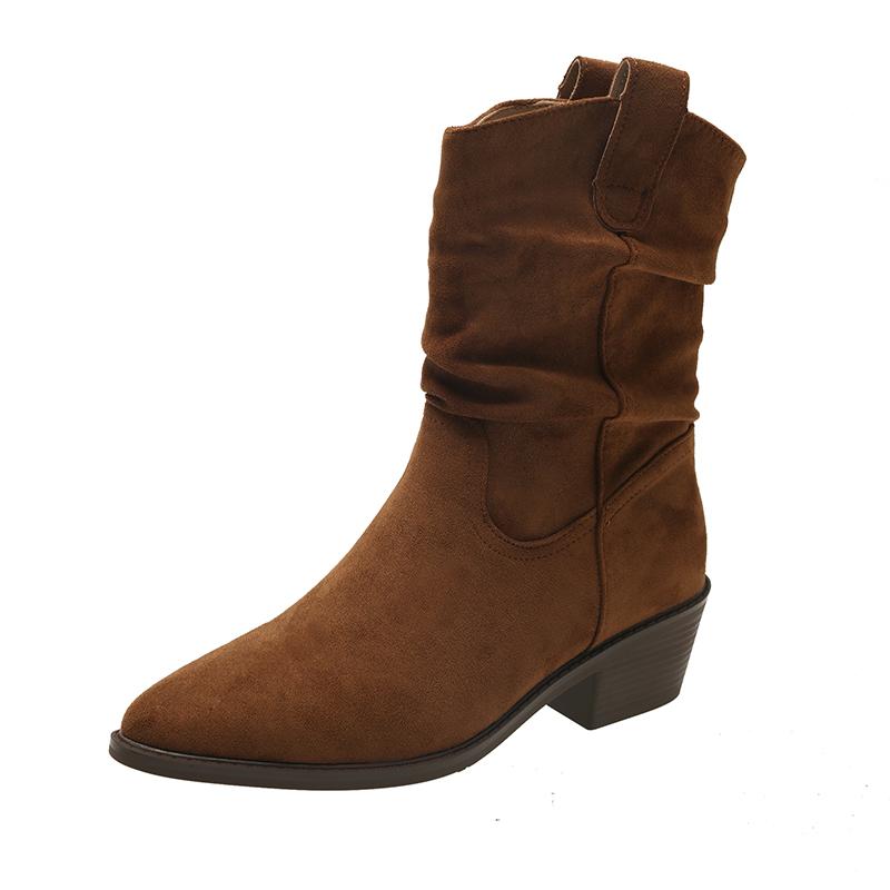 Fashion 2025 New Style High Heels Pleated Boots for Women Autumn Winter Leather Western Boots Woman Thick Heeled Boots