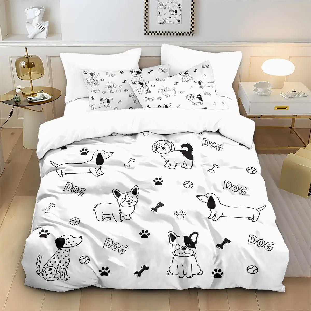 Joli Ensemble de Literie Imprimé Chien Noir Blanc Housse de Couette Taie d'Oreiller 2/3 pièces Simple/Double/Queen Grande Taille Cadeau Adultes Enfants Ensemble pour Chambre à Coucher 150×220cm