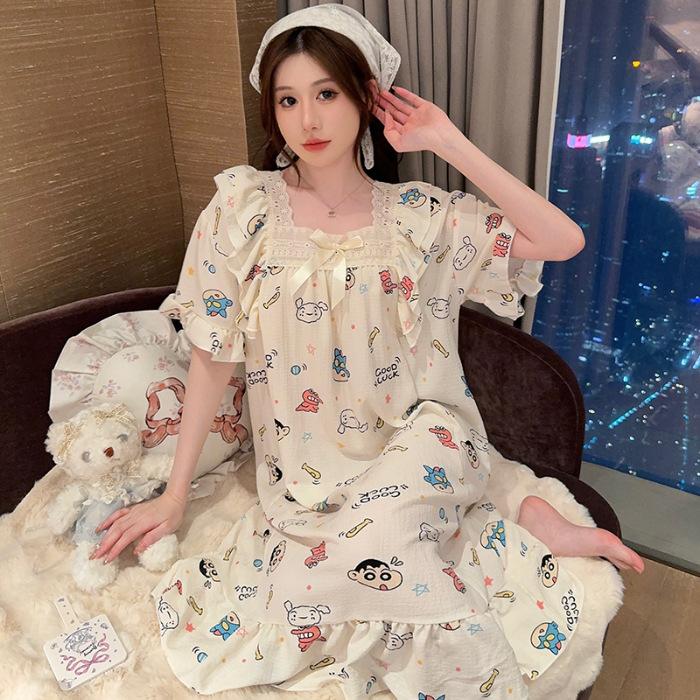 

Princess Style Fattened And Enlarged Summer Short-Sleeved Nightgown Wrinkled Cotton Loose Large Size Sweet Cartoon Loungewear Can Be Worn Outside M