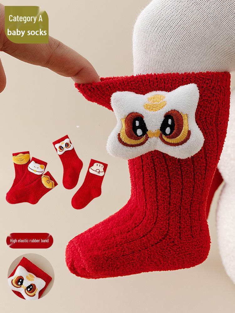 Velvet Lined Warm Red Horse Year Socks for Baby's First Birthday