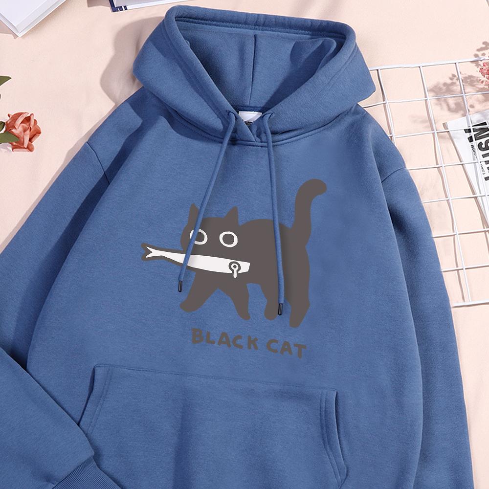 Fun A Black Cat Eating Fish Hoody Men Women Harajuku Fashion Sweatshirt Loose Oversized Streetwear Fleece Warm Couple Hoodies