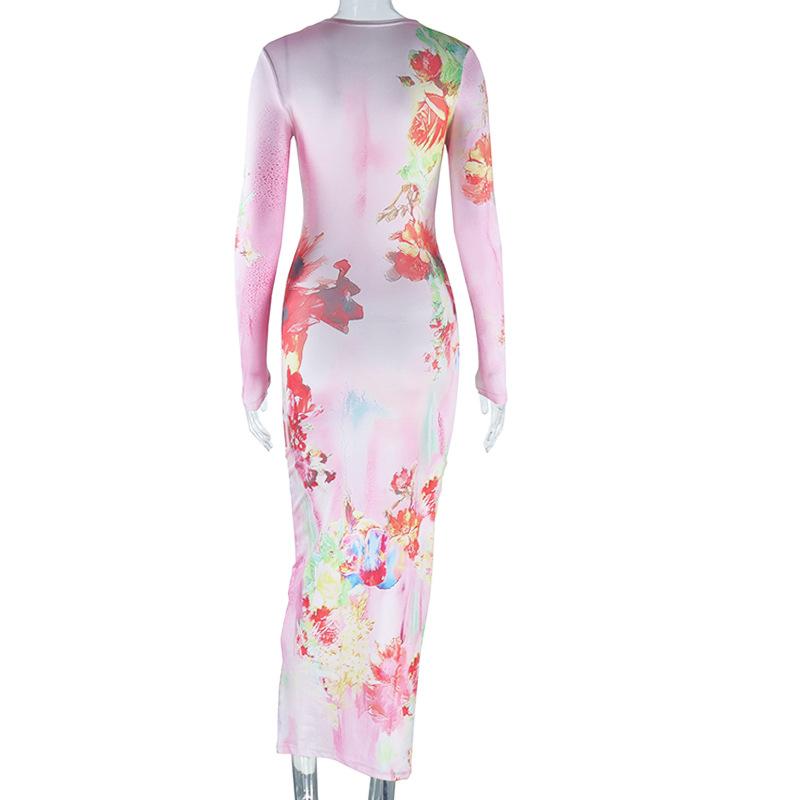 European and American Style Fashionable Printed Round Neck Pullover Long Sleeved Dress with Buttocks Wrapped Long Skirt, Street Style Casual Dress