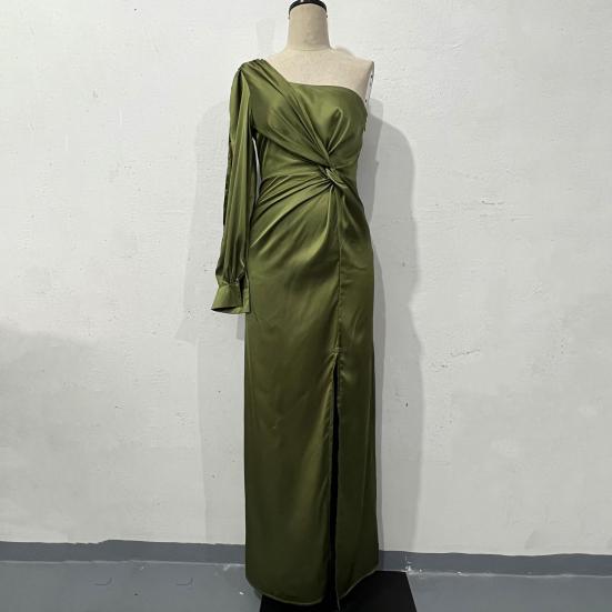 Abendkleid für Damen, eine Schulter, einzelne offene Ärmel, geteilter Saum, einfarbig, schmale Taille, plissiertes Knotendekor, Abschlussball, Cocktailparty, Maxikleid, Ballkleid