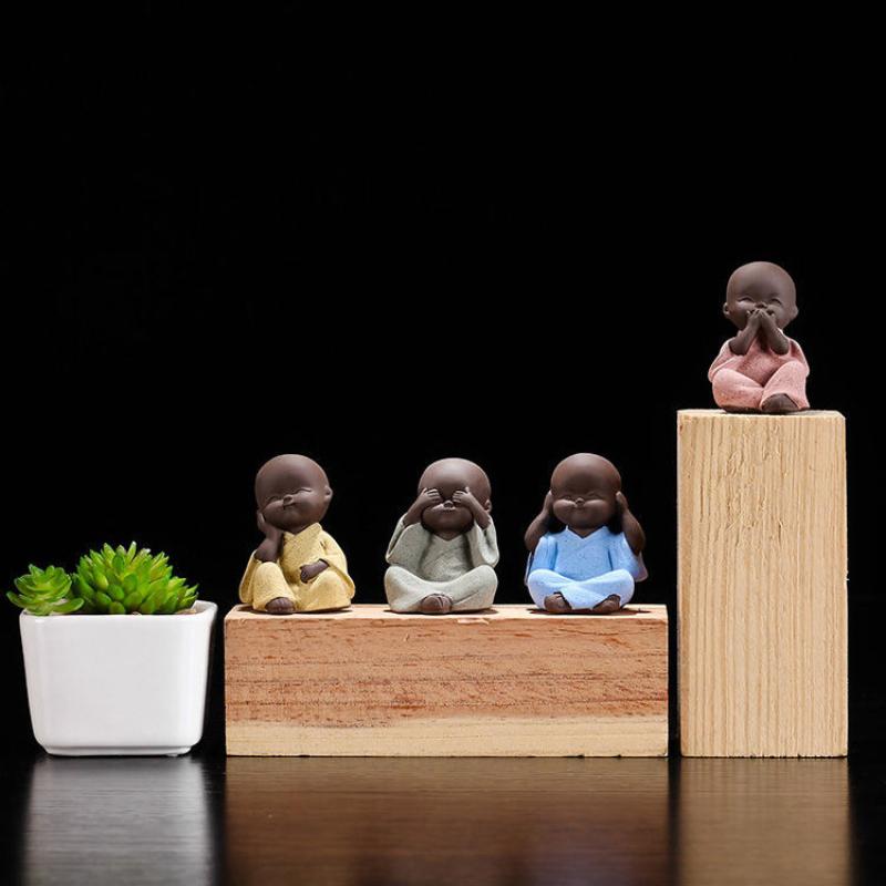 4Pcs Mini Monk Tea Pet Ornaments – Ceramic Zen Figurines for Tea Table, Bonsai, and Home Decoration