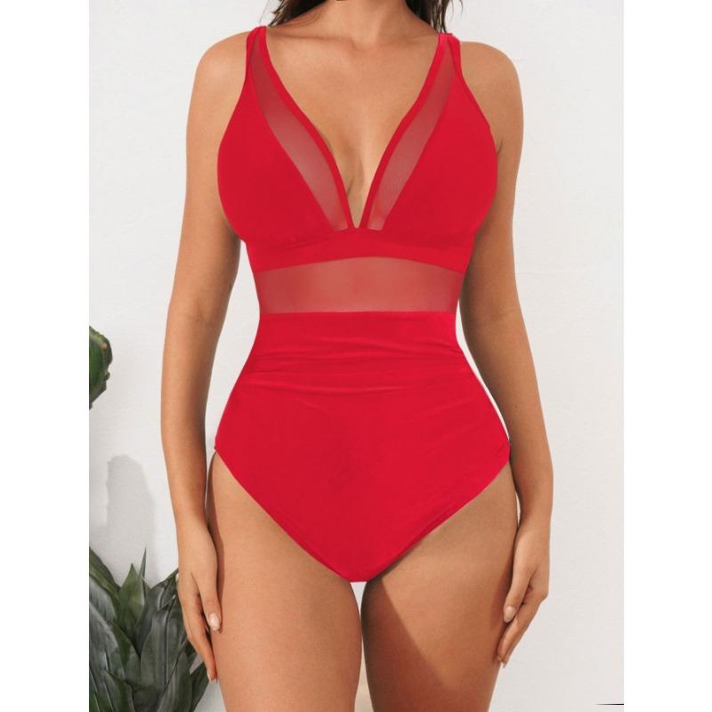 New Solid Color Mesh Halter Sexy Bikini One-piece Swimsuit Swimsuit