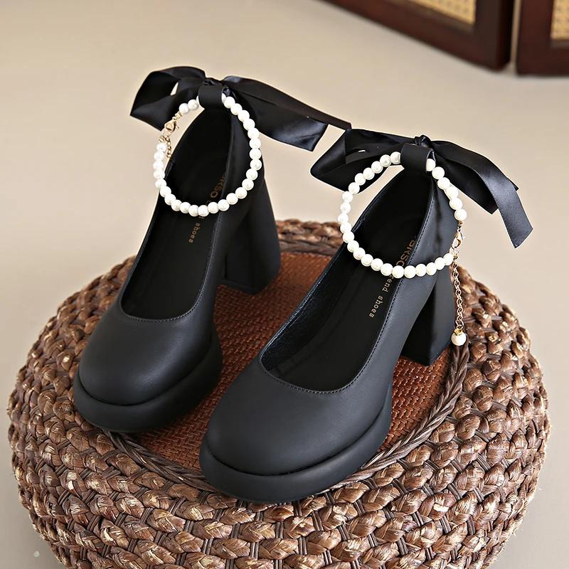 New Mary Janes Pumps for Womens Shoe Round Toe Shallow Mouth Beaded Bow 8.5CM Thick High Heels Office Shoes Size 34-43