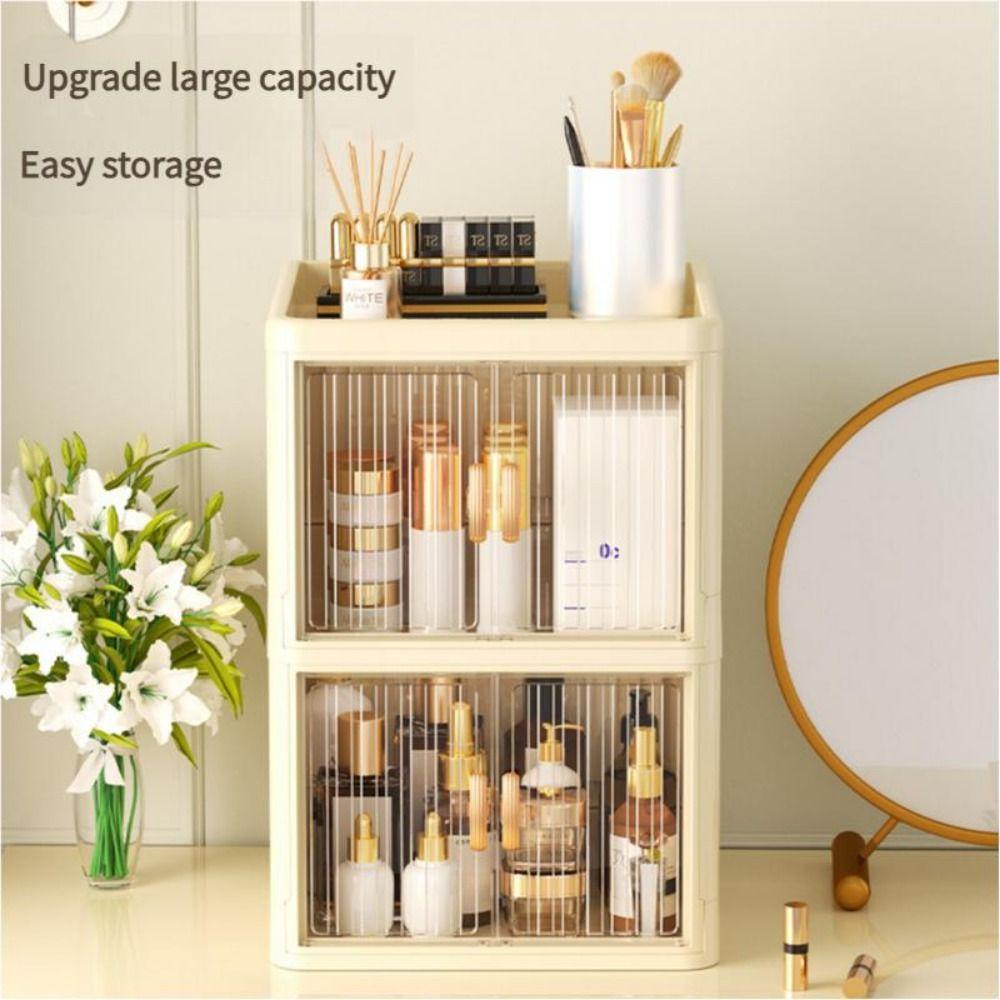 Foldable Makeup Storage Box Dust-proof Large Capacity Storage Shelf Multi Layer Double Door Cosmetics Storage Box