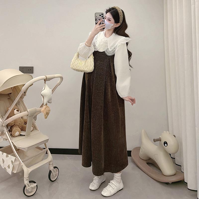 2026 Spring Plus Size Maternity Wear: Lace Trim Collar Shirt & Suspender Skirt Set M