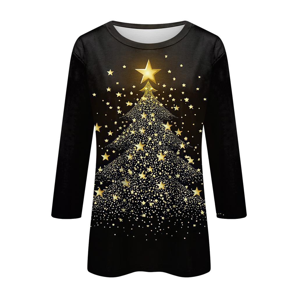 Women's Fashion Casual Three-quarter Sleeve Christmas PrintedNeck Top