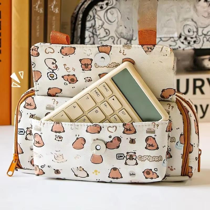 Kawaii Kapibara Pencil Case Large Capacity Multifunction Storage Bag Creative Flip Cartoon Stationery Bag Office Supplies