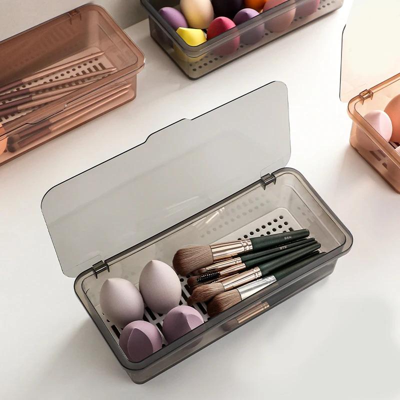 1pc Makeup Brush Storage Box, Dust-proof Transparent Storage Case With Cover  Draining Tray, Beauty Egg Eye Shadow Brush Storage