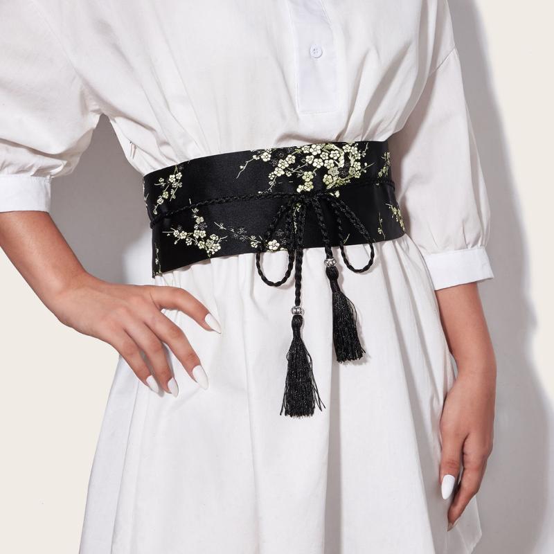 Waistband for Women Vintage Embroidery Floral Bow Tie Belt Chic Elegant Design for Evening