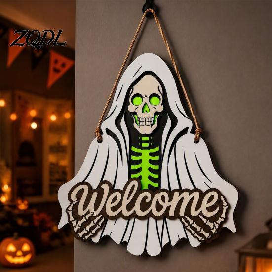 Front Porch Decoration Halloween Wooden Welcome Sign, Skeleton Reaper Irregular Door Decor, Rustic Wood Sign Wall Hanging Ornament for Home