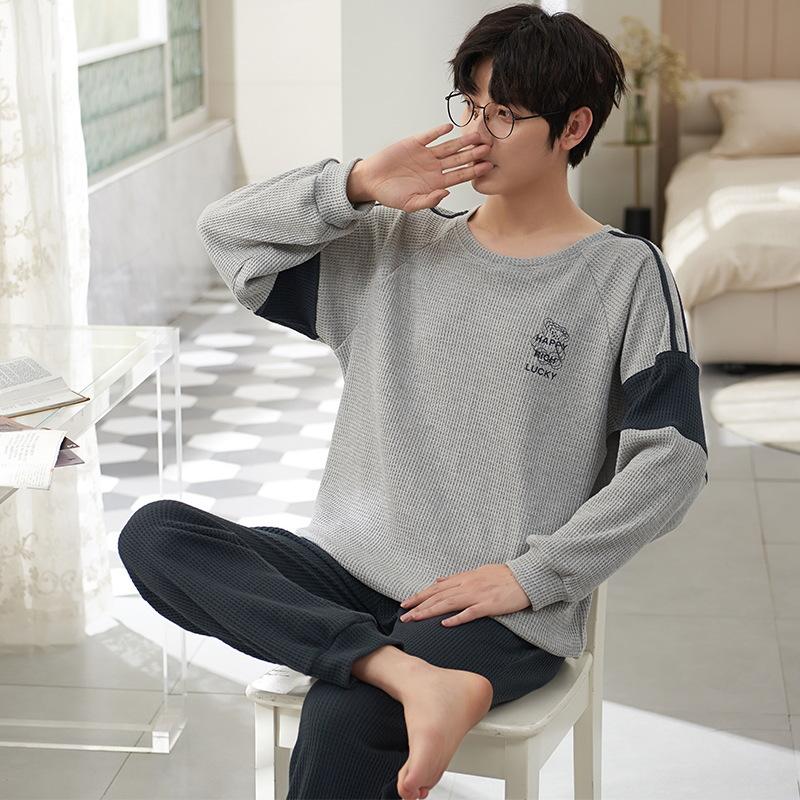 

Хлопковая ночная рубашка для мужчин, комплект из 2 предметов, пижамы, весенние пижамы с длинными рукавами, топы и брюки, одежда для сна Asian XL(62-72kg)