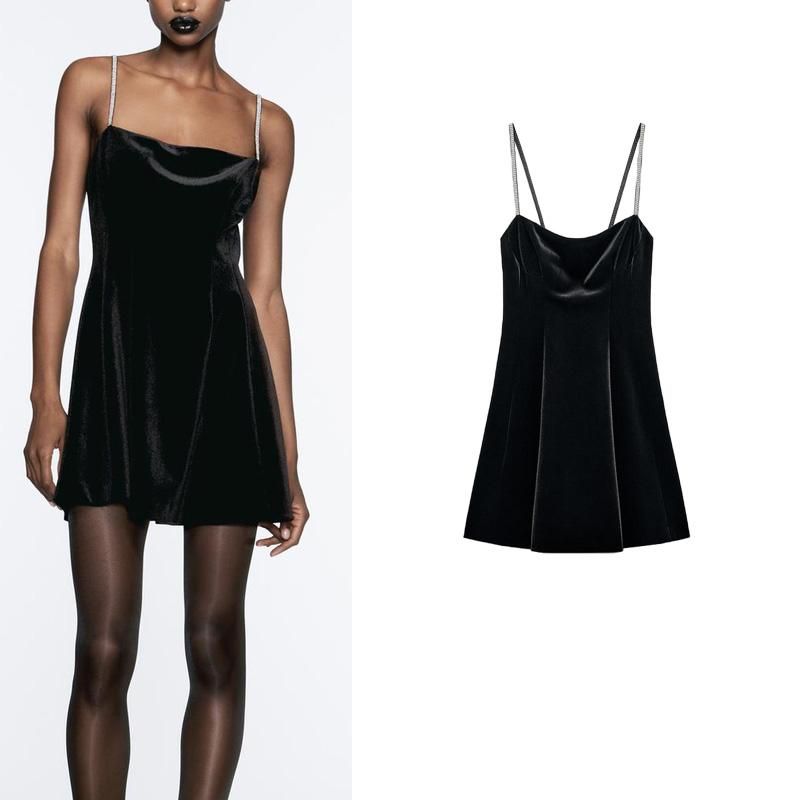 Fall and Winter New Women's Clothing Fashion Wind Velvet Straight Collar Sling Mini Short Dress 9653617