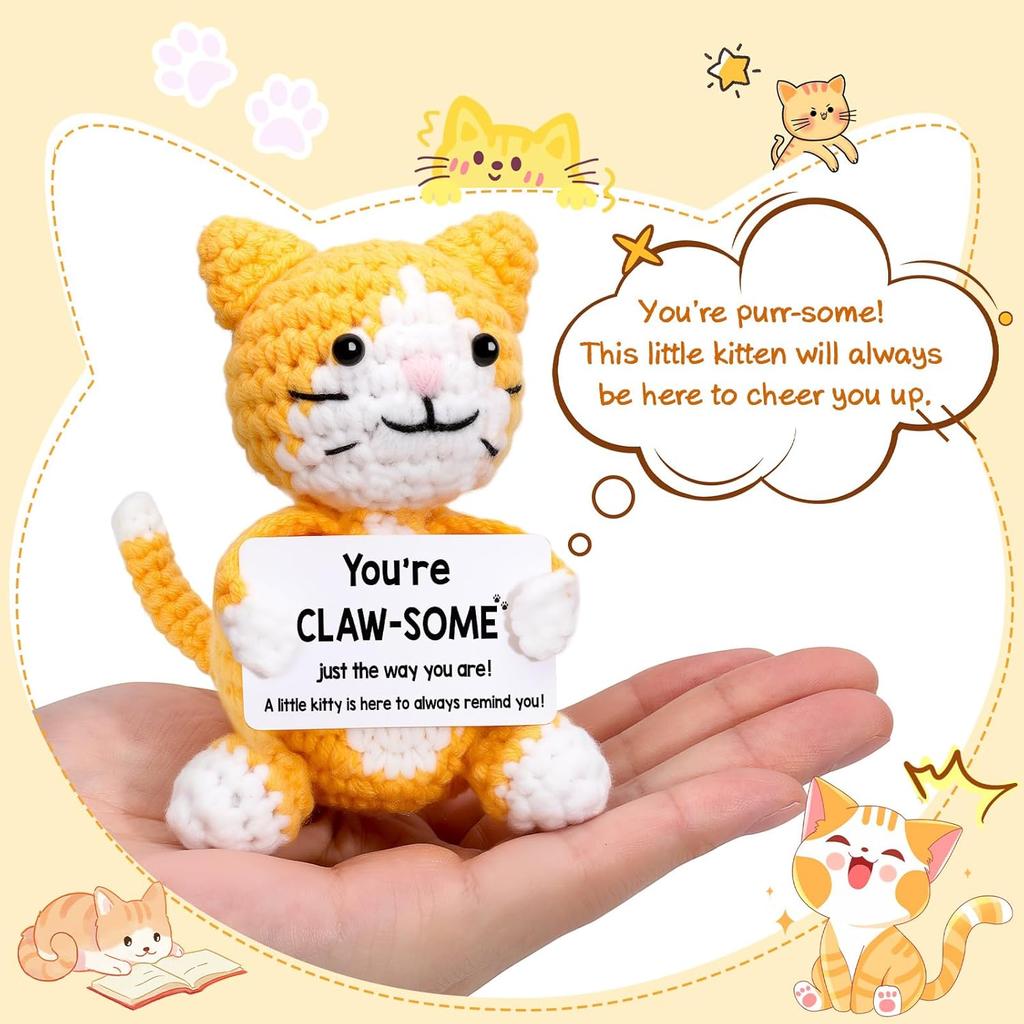 Positive Crochet Cat Doll with Card Home Room Decor Handmade Knitting Emotional Support Cat Animal Ornament Christmas Gift