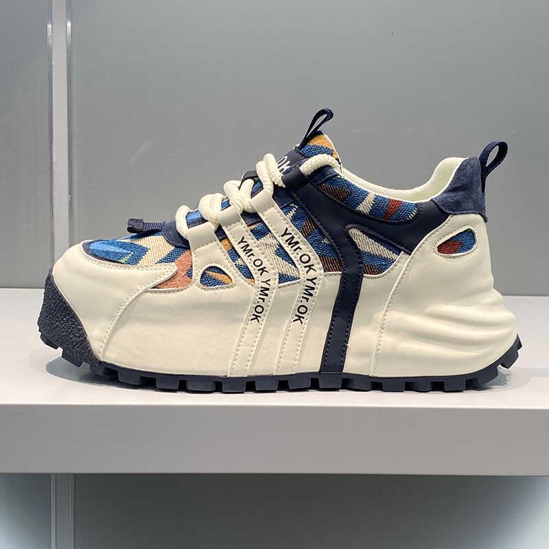 Men's Trendy American Street Style Leather & Cloth Casual Sneakers: Handsome, Low-Key, Elastic Dad Shoes