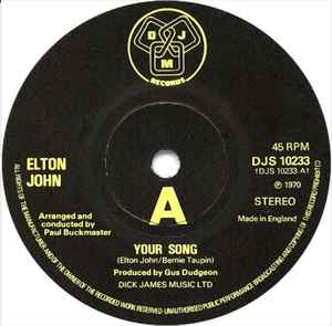 7inch Record ELTON JOHN - Your Song DJS10233 DJM Records 1977 UK Rock Used