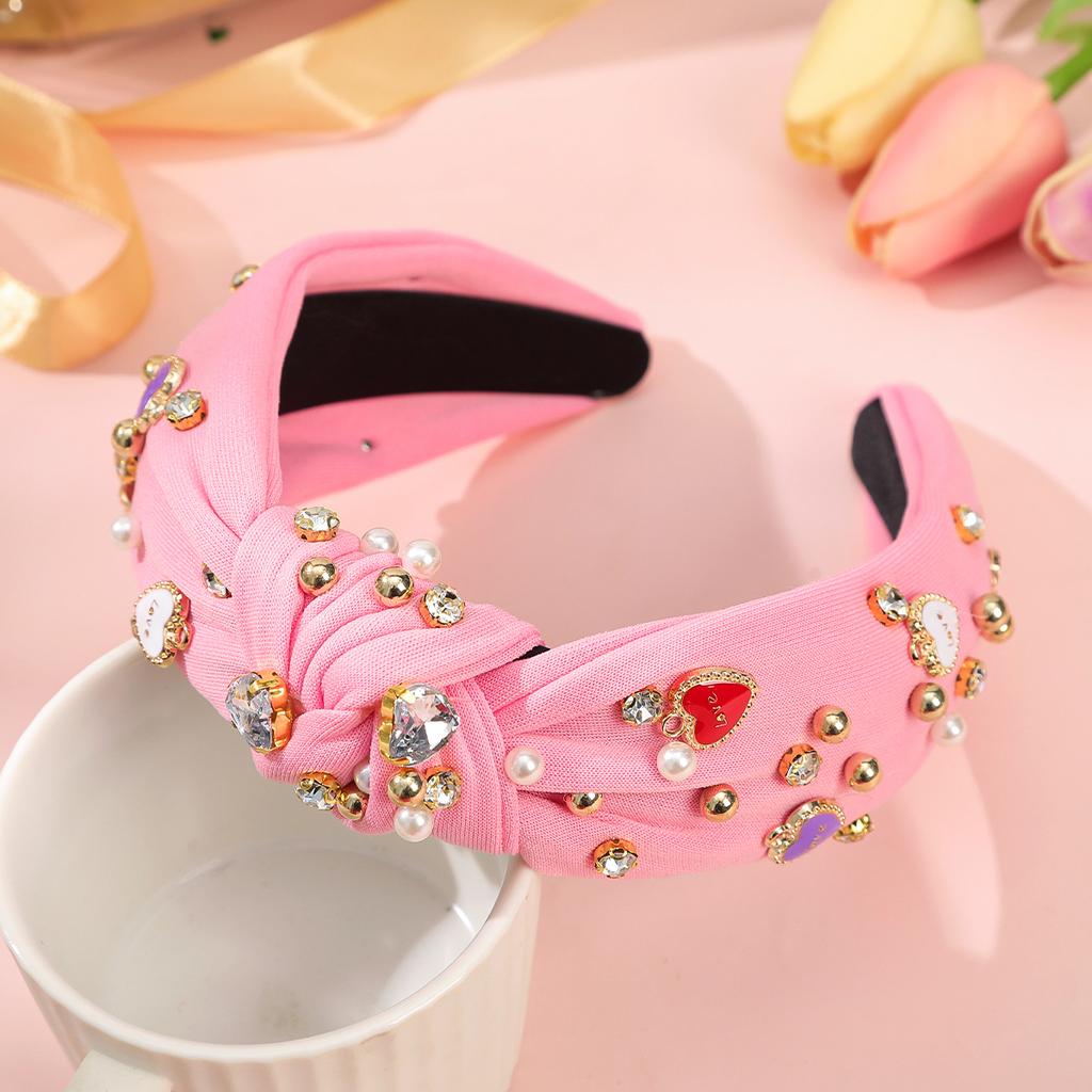 AWAYTR New Love Heart Bowknot Hairband for Women Cute Pearl Red Wide Diamond Headband Hair Hoop Hair Accessories Valentine's Day