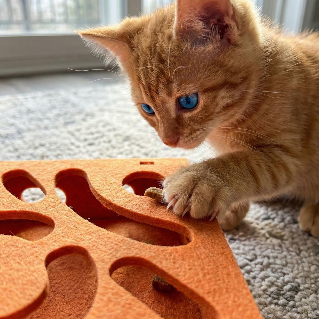 Interactive Cat Food Puzzle Toy Durable Felt Material Pet Treat Dispenser for Mental Stimulation and Slow Feeding Activity Board