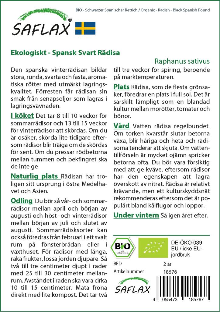 SAFLAX Garden In the Bag - Organic - Radish - Black Spanish Round - 100 Seeds - With Substrate In a Fitting Stand Up Bag - Raphanus Sativus