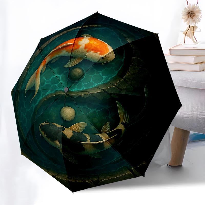 Yin Yang Koi Fish Pond Wall ArtDecorUmbrella, Portable 3-Fold Compact Umbrella for Men & Women Gift