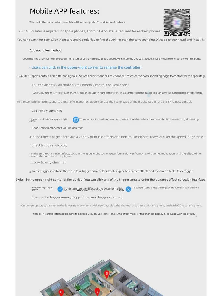 SP608E Mehrfarben-Lichtleisten-Controller: Bluetooth mit 8 unabhängigen Kanälen, kompatibel mit mobiler App, intelligente Fernbedienung.