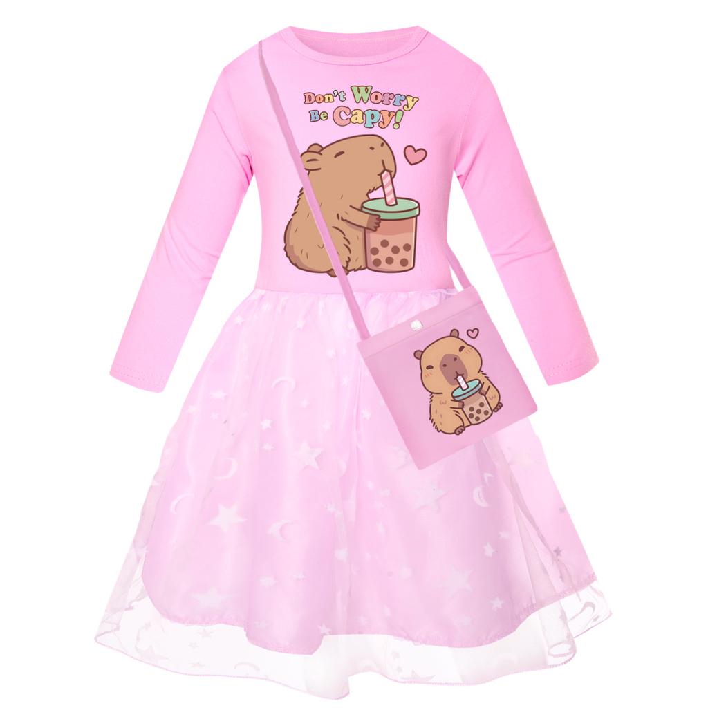 Girls star rainbow lace copybara print dress