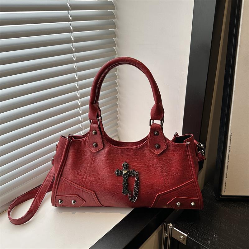 Textured Tote Bag Handbag Locomotive Personalized Cross Chain Shoulder Underarm Bag Large Capacity Messenger Bag