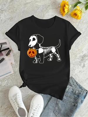 WomenS Halloween Dachshund Graphic TShirt Cute Skeleton Dog with Pumpkin for Halloween Party Outfits Aesthetic Clothes