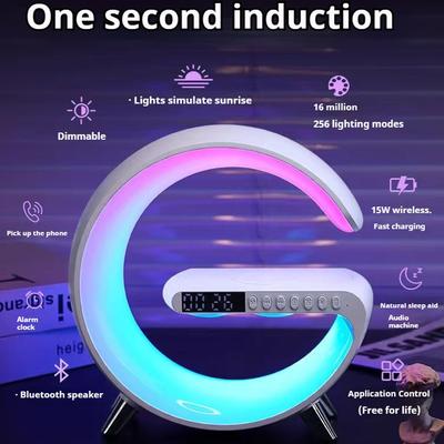 Mini carregador sem fio multifuncional com alto-falante, luz noturna e relógio, estação de carregamento rápido para telefone