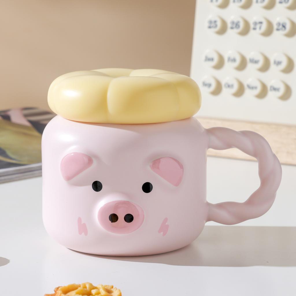 Pig ceramic mug cute with lid spoon water cup household coffee cup couple girl cup high value