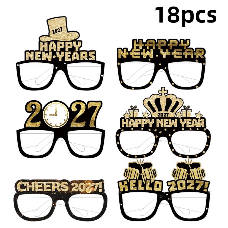 6/12/18Pcs 2027 Happy New Year Party Paper Glasses Black Gold Glitter For New Years Eve Gatherings Photo Booth Props