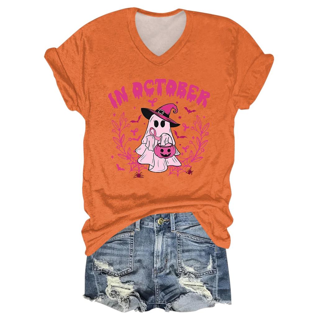 Damen Casual Halloween Bedrucktes V-Ausschnitt Kurzarm T-Shirt