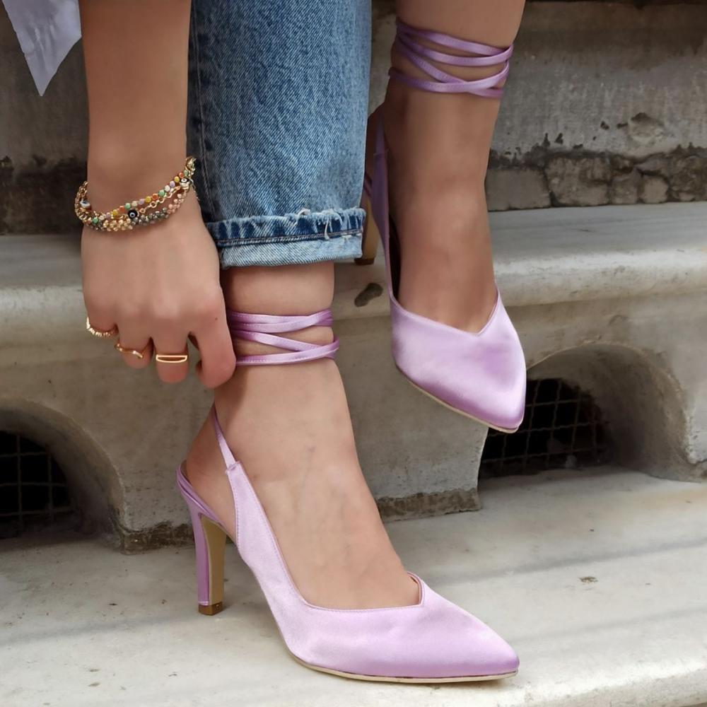 Women's Fashion Lilac Color Satin Drawstring Heeled Shoes