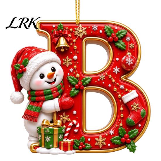 Decorative Gift Tags Cute Snowman Letter Christmas Ornament, 2D Flat Personalized A-Z Alphabet Tree Ornaments Acrylic Hanging Pendant for Xmas