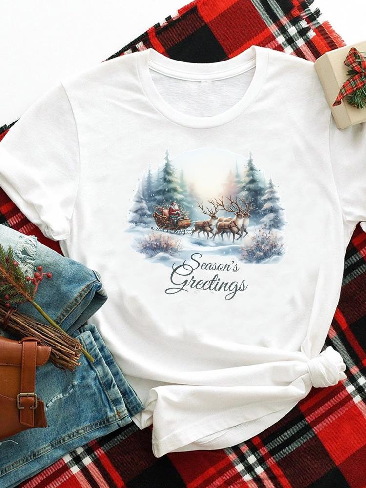 (Asian Size) merry Christmas new year o-neck Women's Top T Clothing Print bow style trend Short Sleeve T-shirts Fashion holiday Graphic Tee