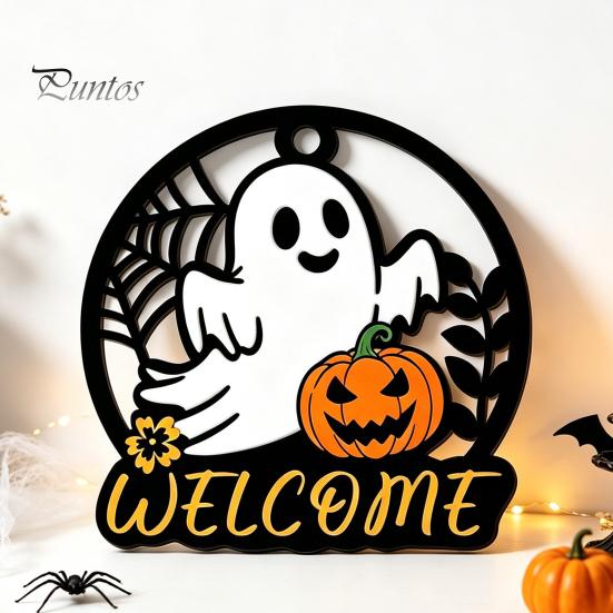 Decorative Wood Craft for Shop Halloween Ghost Pumpkin Round Wooden Welcome Door Hanger, Wall Plaque Spooky Party Favors with Rope, Hanging
