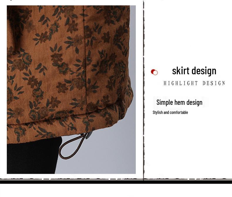 2024 Women's Retro Print Cotton Jacket - Winter Style, Plus Size, Loose Fit, for Middle-Aged and Elderly Moms