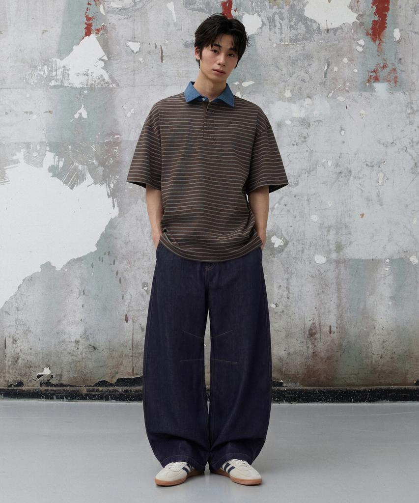 AGOD Contrast Denim Collar Stripe Half T-Shirt [Brown]