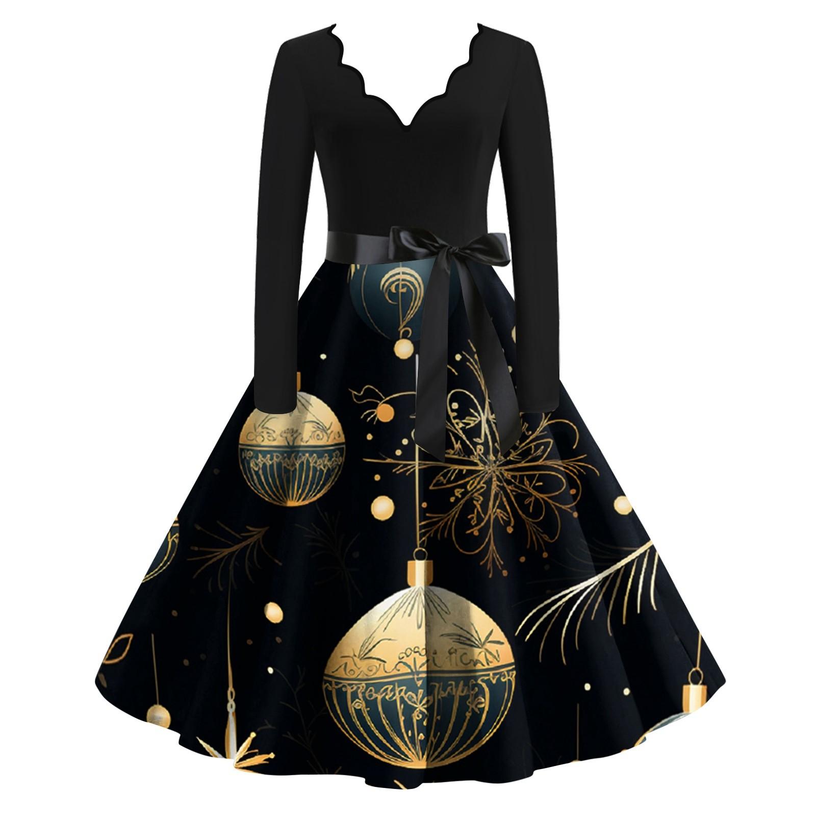 

Женское облегающее платье свободного кроя с принтом рождественской елки и контрастным V-образным вырезом и длинными рукавами L чёрный