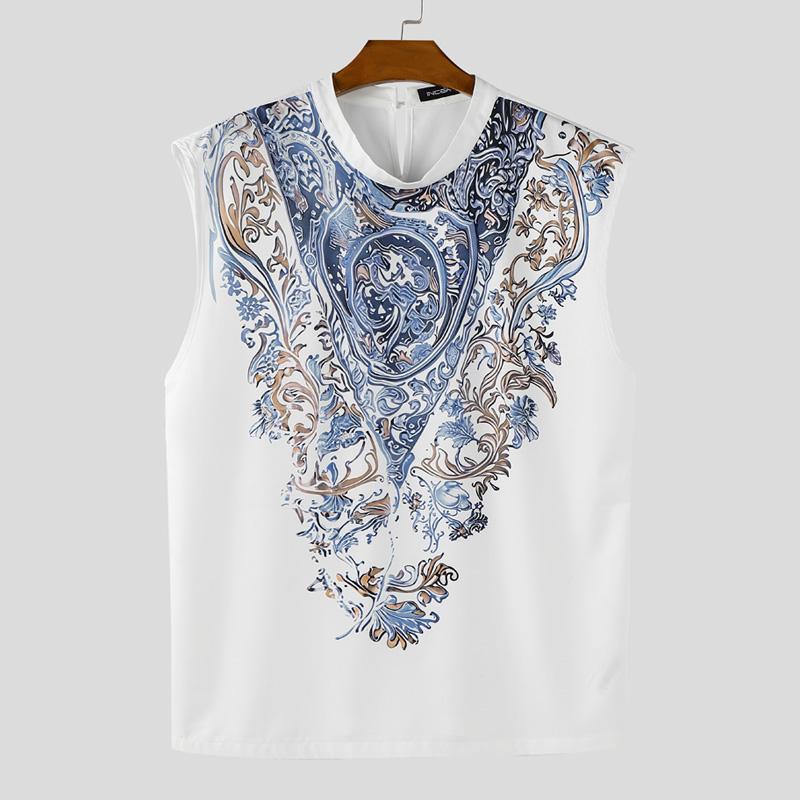 INCERUN Summer Men O Neck Sleeveless Ethnic Print Casual Loose Tank Tops