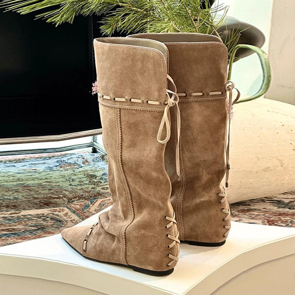 Cowhide Version~ Inner Height-increasing Suede Western Boots Retro Pointed Foldable Two-wear Boots Female Versatile Pleated Knight