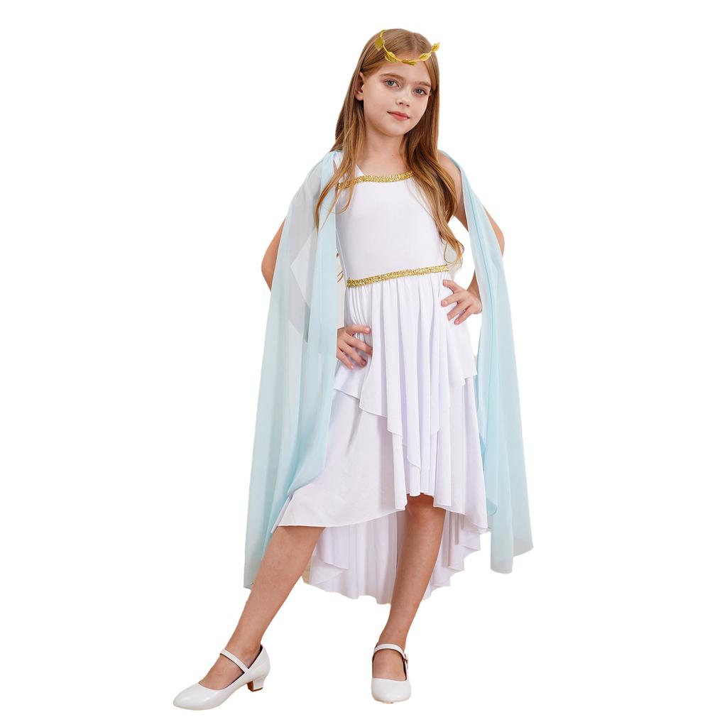 Dívčí řecká toga princezna Kostým Bez rukávů Splývavé šaty Patchwork Zip Halloweenská párty Čelenka v ceně