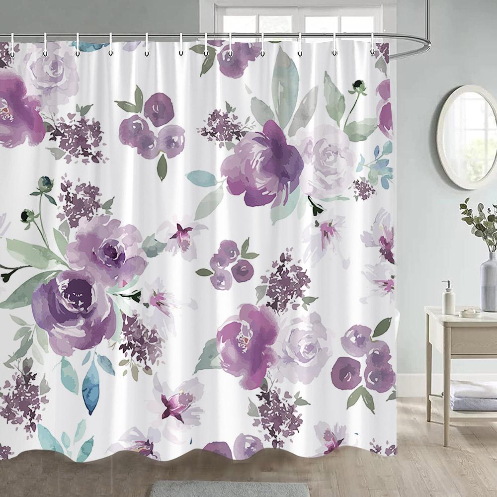 Floral Shower Curtains Watercolour Blue Purple Flowers Butterfly Leaves Plant Bath Curtain Polyester Bathroom Decor with Hooks
