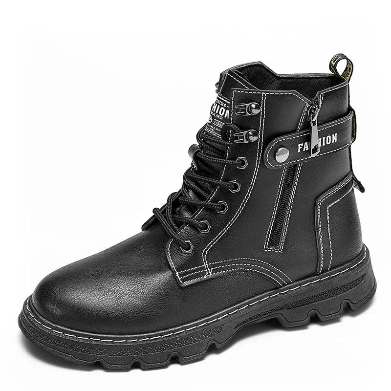 Men's Short Boots for Autumn\winter High Top Lace Up Workwear Shoes Outdoor Casual Mens Boots Side Zipper Mid Top Leather Shoes