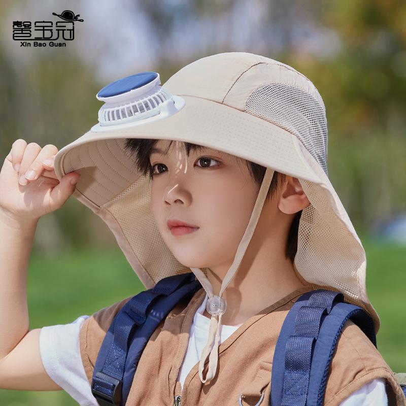 Solar fan hat summer boys and girls sunshade sunscreen hat outdoor outing big brim shawl neck protector bucket hat