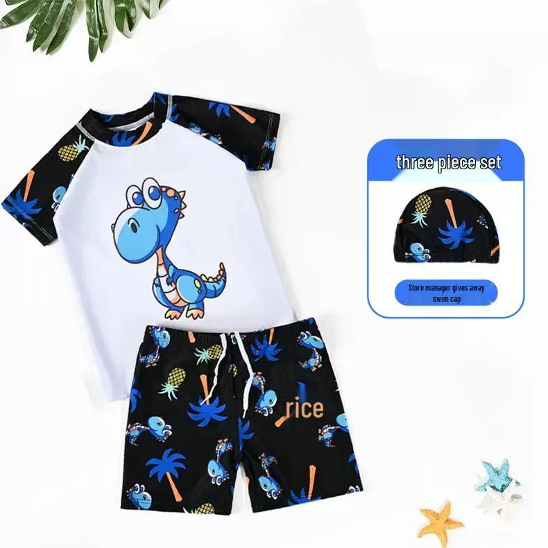

Boys Shark Cartoon Two-Piece Swimsuit with Swim Cap for School-Age Kids Large